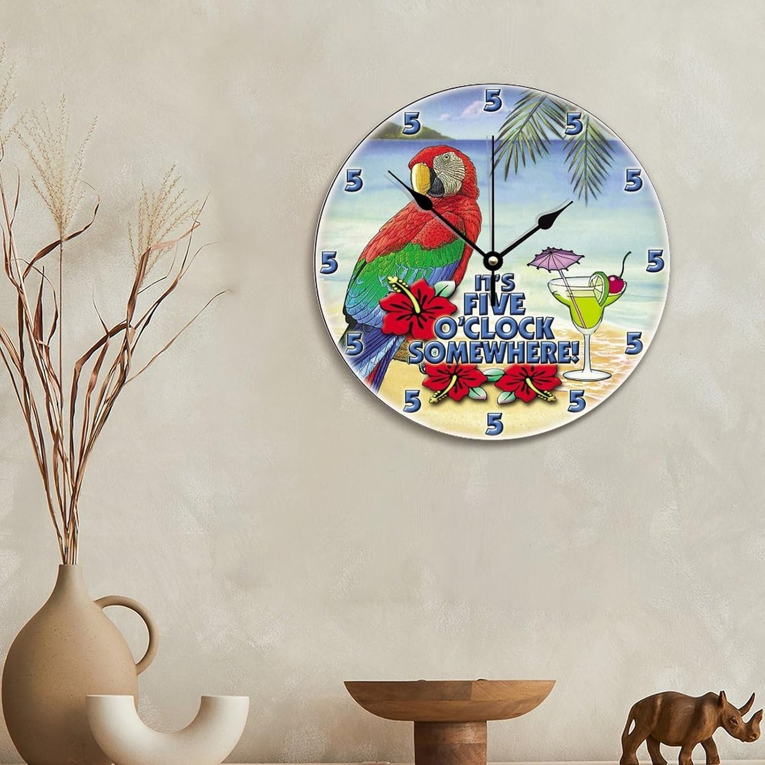 ArogGeld Reloj tropical en algún lugar de madera, reloj de pared de madera, funciona con pilas, 12 pulgadas, sin tictac, moderno, para sala de