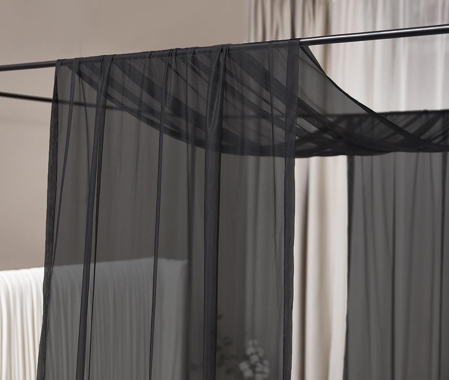Akiky Cortinas de dosel para cama, toldos negros transparentes, cenefa, 1 panel de toldo, tamaño King, bufanda, cenefa para decoración del hogar