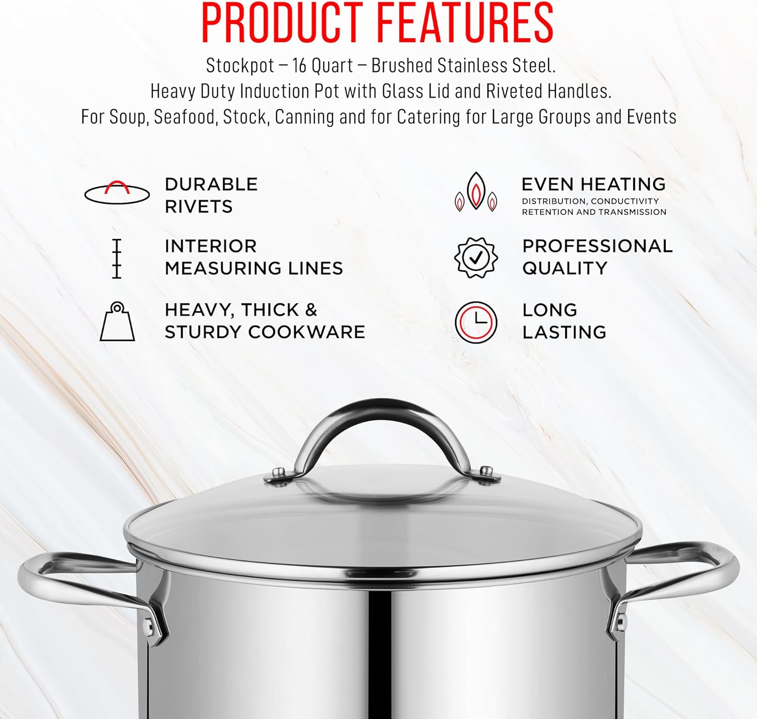 Bakken-Swiss Deluxe – Olla de acero inoxidable de 16 cuartos de galón con tapa transparente de vidrio templado, deliciosas sopas, guisos y cocción