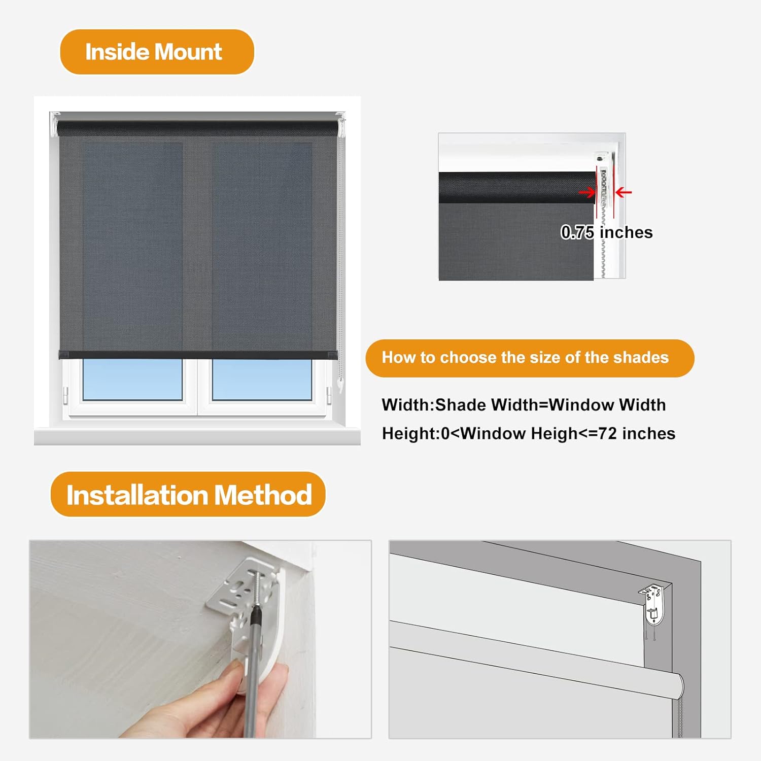 Persilux Persianas solares para ventanas con protección UV (36 pulgadas de ancho x 72 pulgadas de alto, negro) persianas enrollables