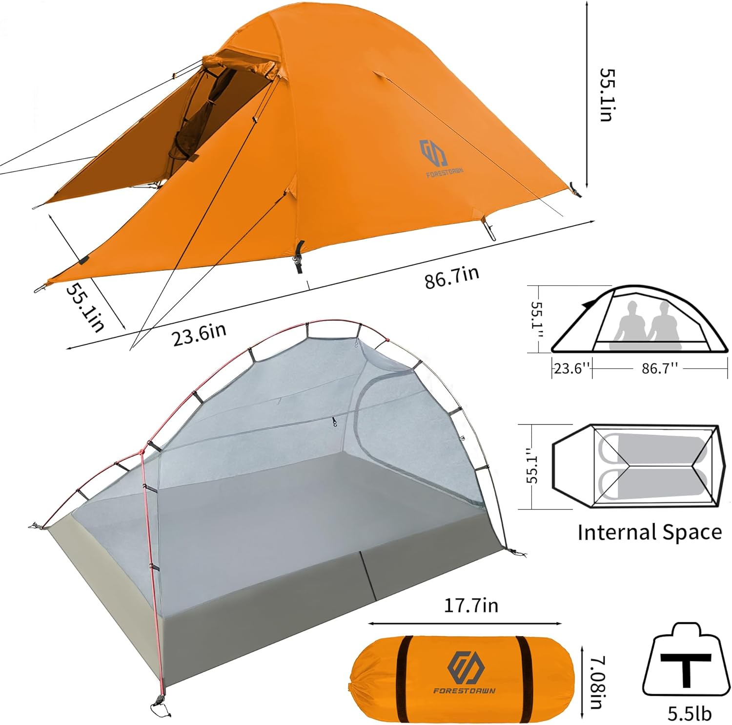 2 Person Camping Tent with 3 Aluminum Alloy Poles, 4 or 3 Season Waterproof Tent, Double Layer,Easy Setup, 2 Doors for Outdoor