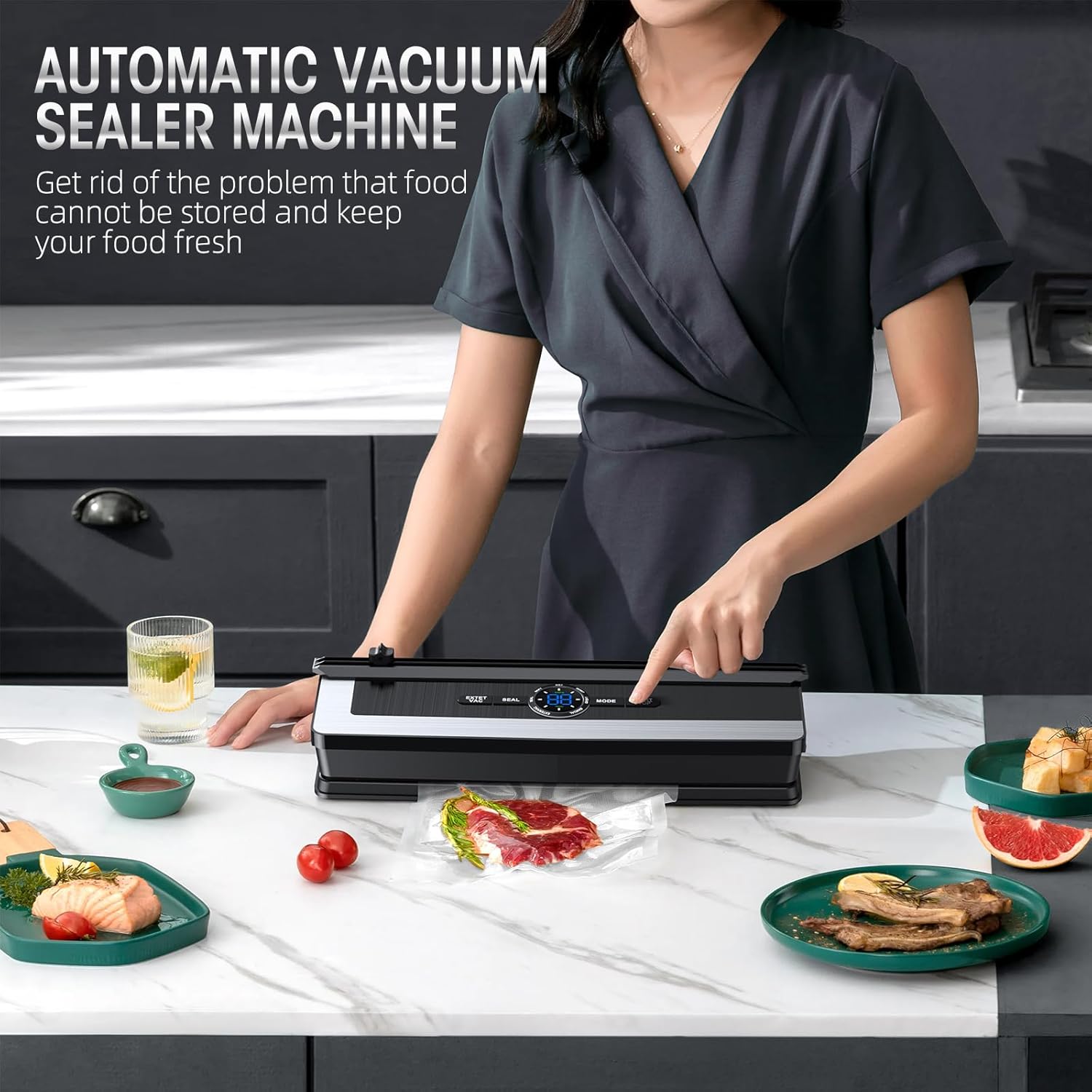 Máquina selladora al vacío – Máquina selladora al vacío de alimentos 8 en 1 con cortador integrado, sistema automático de sellado de aire, indicador