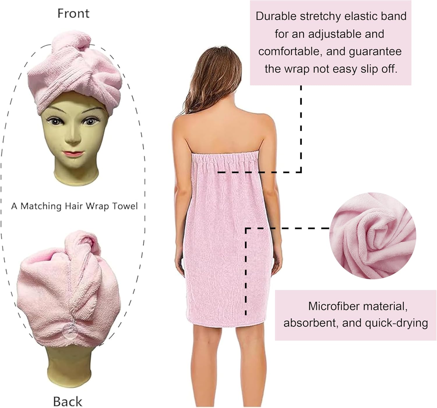 Toalla rosa de talla grande para mujer después de la ducha 2X3X, toalla de microfibra absorbente con velcro para spa, baño, playa con envoltura para