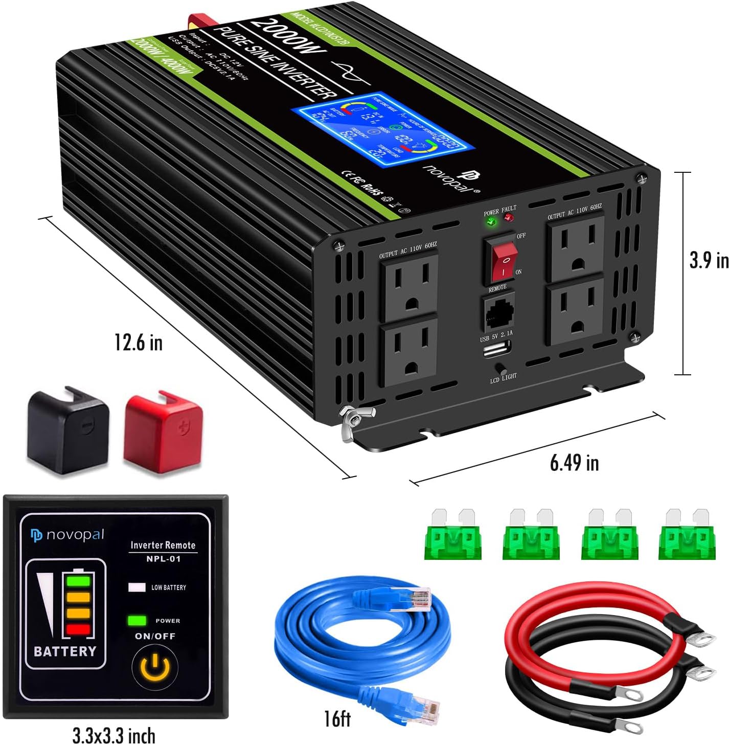 Novopal Inversor de corriente de onda sinusoidal pura de 2000 vatios, convertidor de CC de 12 V a 110 V120 V, 4 salidas de CA, inversores Rv con