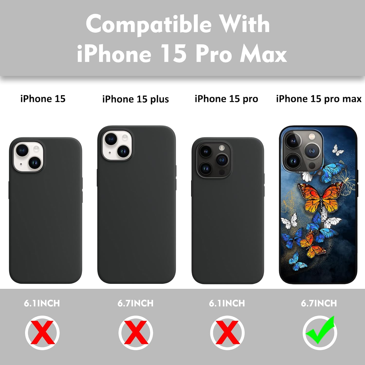 Funda diseñada para iPhone 15 Pro Max, funda de teléfono con patrón de mariposas en vuelo para hombres, mujeres, niños y niñas, TPU suave, cuerpo