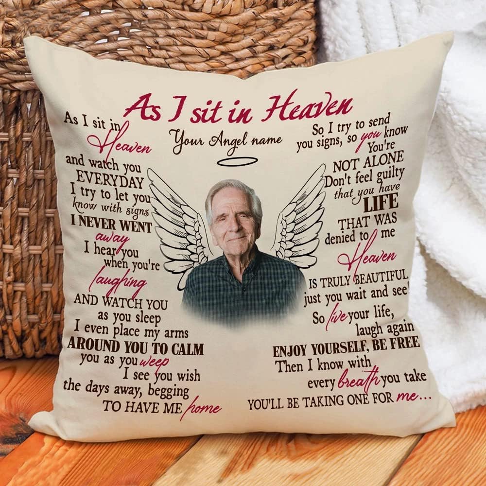 Almohada conmemorativa personalizada para papá, mamá, ángel en el cielo, foto personalizada mientras me siento en el cielo, almohada perdida de un