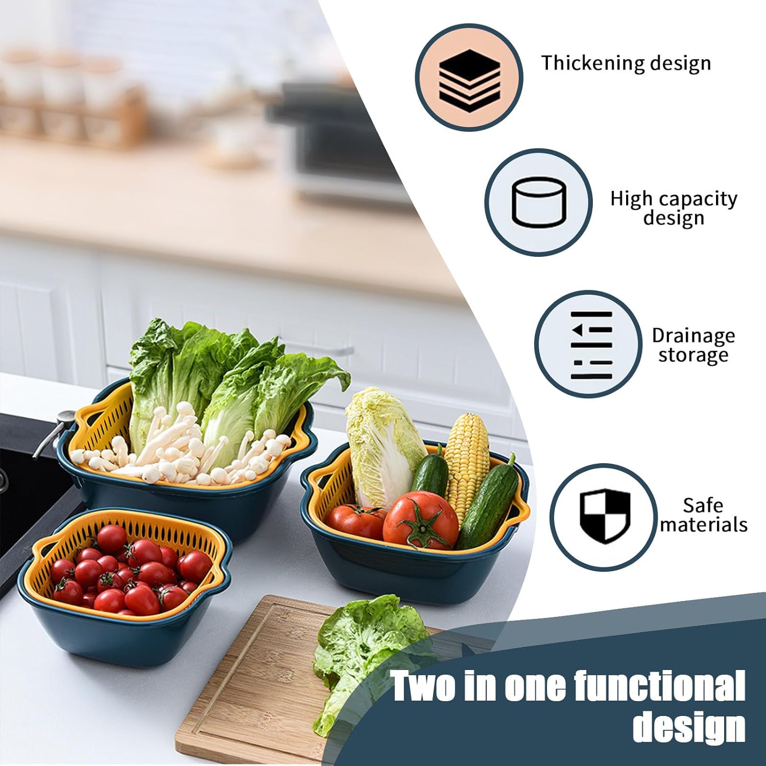 Lavabo de cocina de seis piezas en cesta de drenaje de doble capa para verduras y frutas, cesta de lavado de plástico multifuncional, colador y