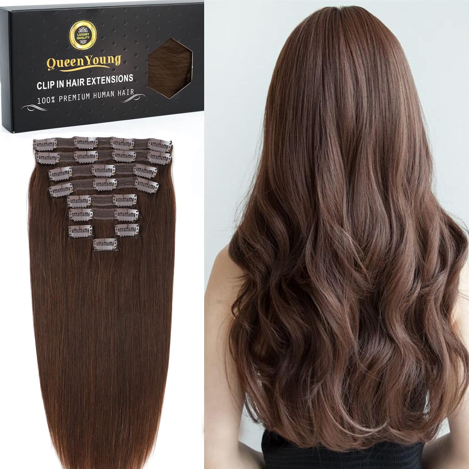 QueenYoung Extensiones de cabello humano real con broches, 9 unidades, 4.33 oz, extensiones de cabello humano liso natural y suave, extensiones de
