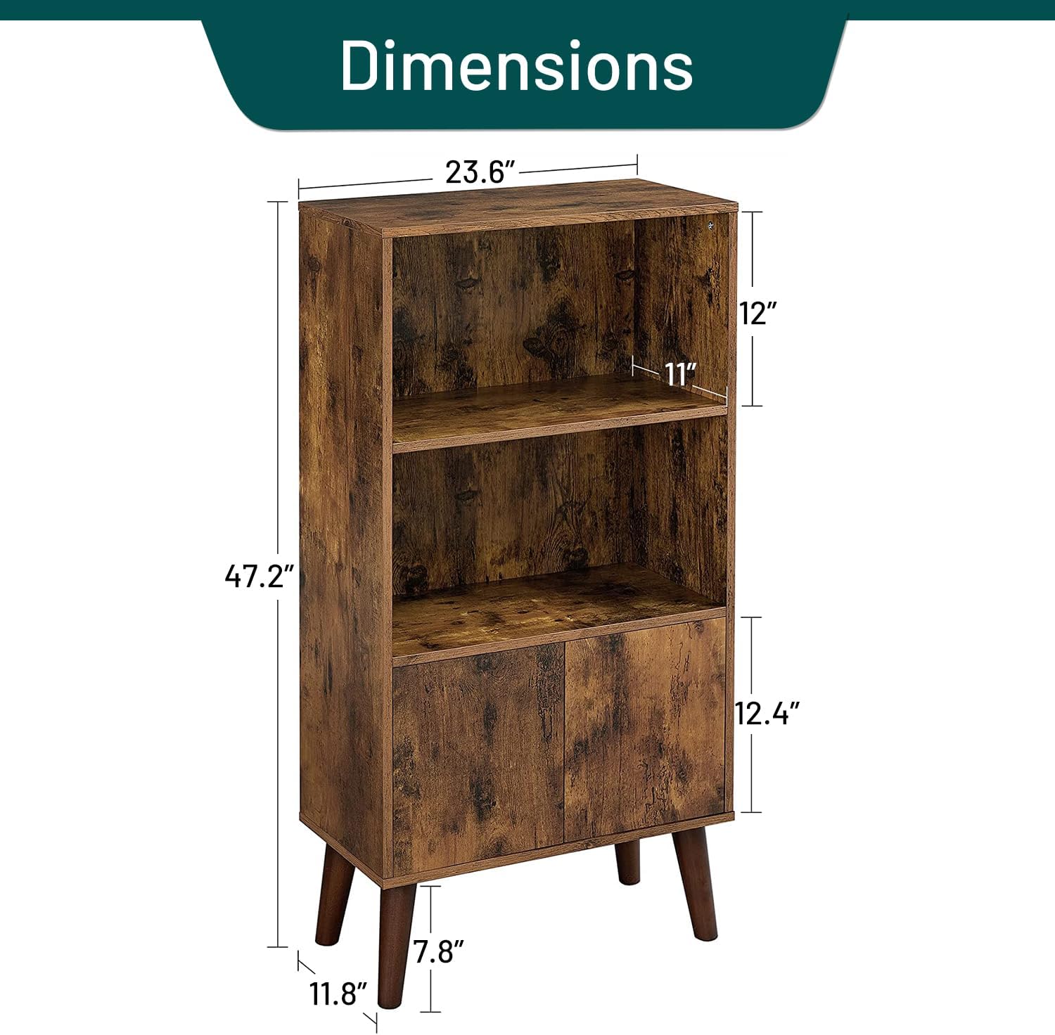 Wonder Comfort Estantería de madera de 3 niveles con 1 puerta y 2 estantes abiertos, estantería marrón rústico de mediados de siglo para libros y