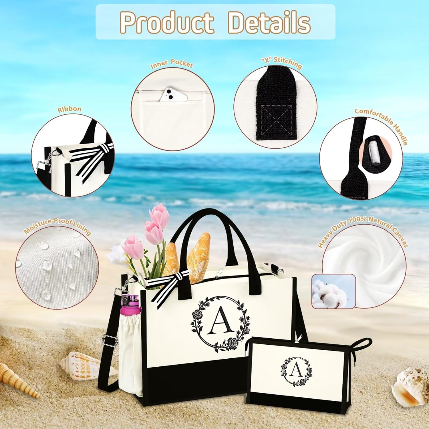 Bolsa de lona con inicial para la playa con bolsa de maquillaje, regalos personalizados para mujeres, madres, amigas, profesores, damas de honor,