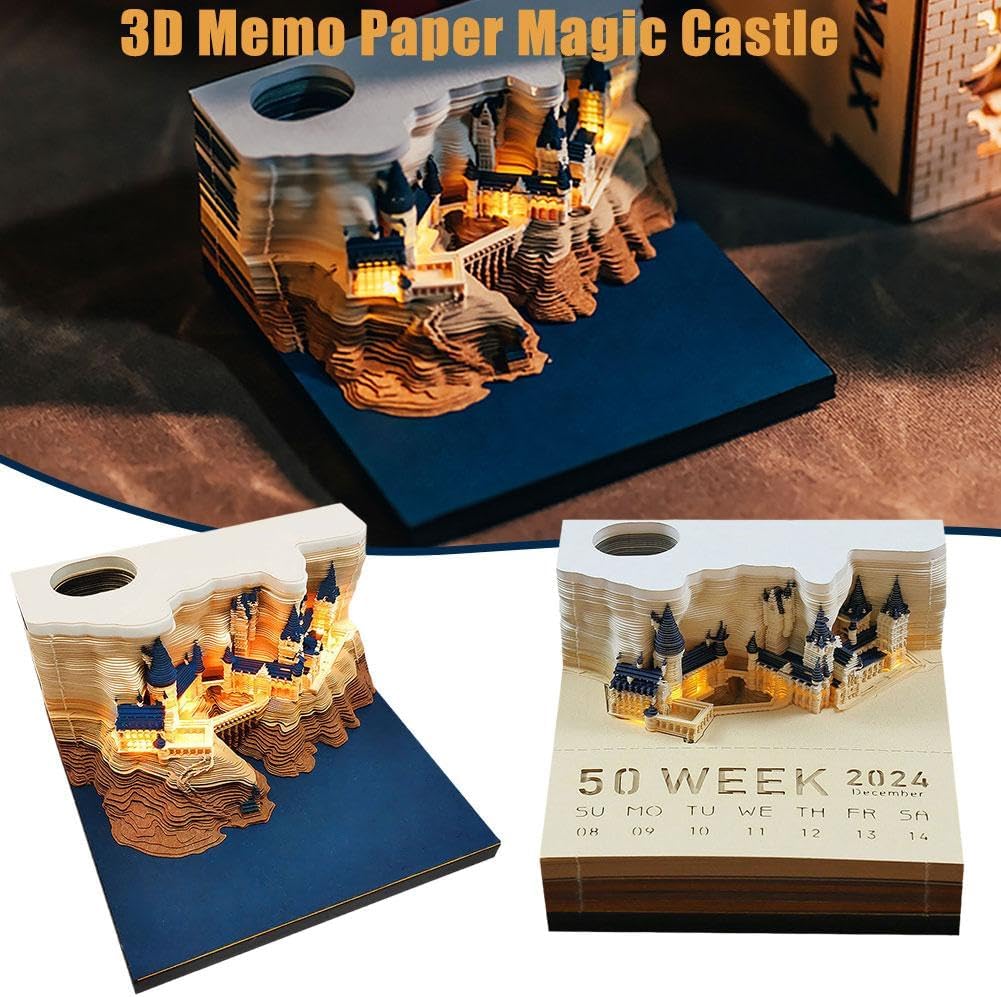 Bloc de notas 3D, arte de papel con luz, castillo 3D, pegatinas de conveniencia, manualidades de tarjetas, bloc de notas originales de bricolaje