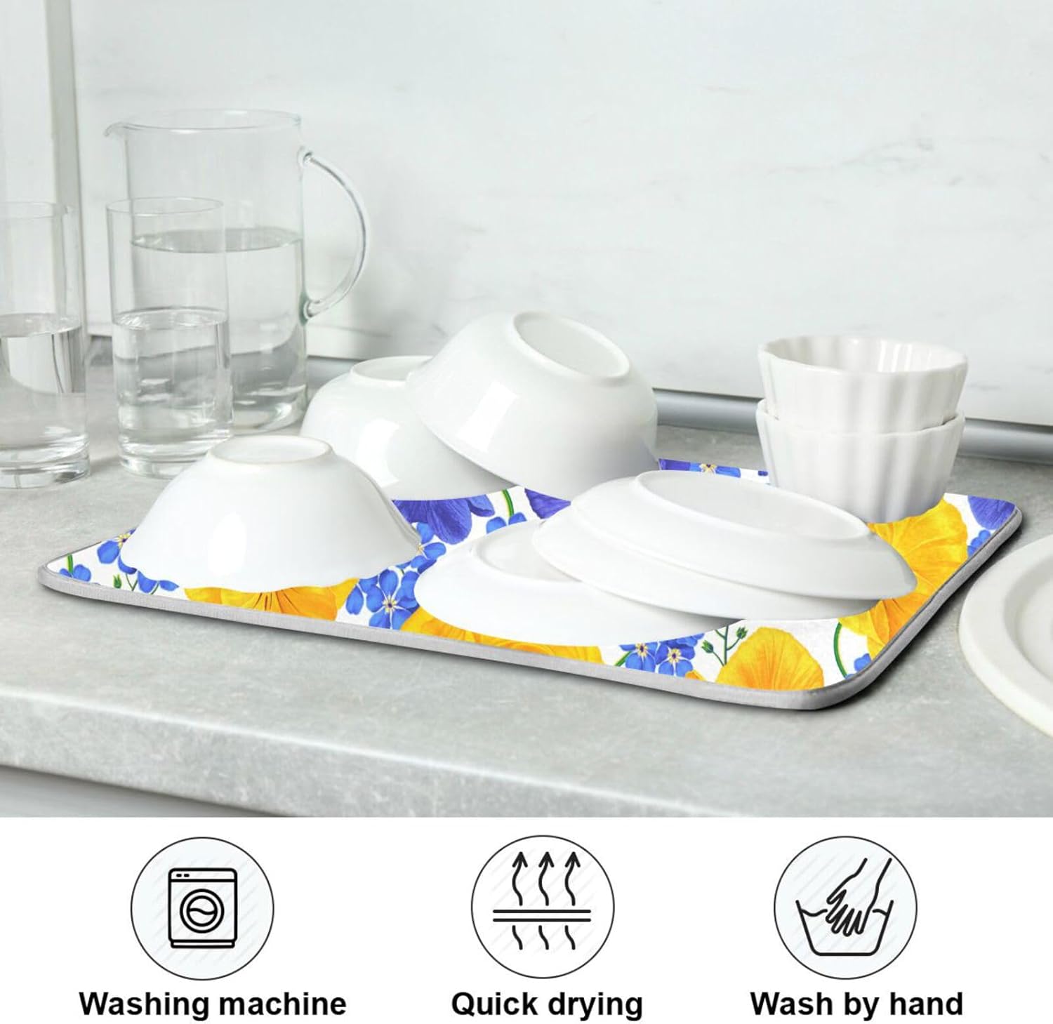 Botanical Realistic Flowers Dish Mat Washnable Absorbent Drying Mat For Kitchen Counter Dish Drainer Cloth Tapete Para Cocina 16” x 18”