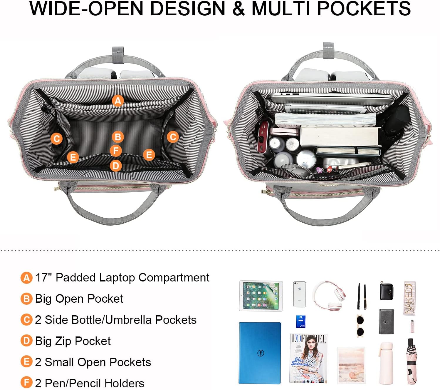 LOVEVOOK Mochila para laptop para mujer, mochila de viaje de 17 pulgadas, bolsa de libros para enfermeras, escuela, profesores, gris claro, rosa