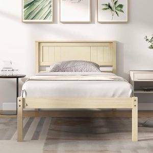 Giantex Cama de plataforma de madera individual con cabecero, marco de cama de madera maciza de mediados de siglo con soporte de listones de madera, Giantex Cama de plataforma de madera individual con cabecero, marco de cama de madera maciza de mediados de siglo con soporte de listones de madera,