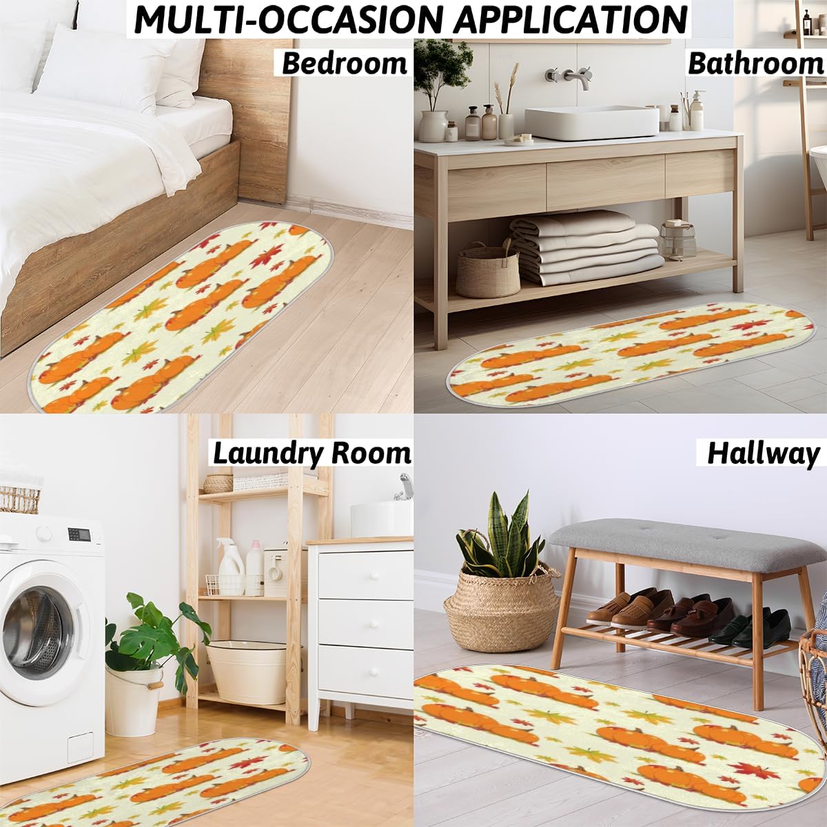 Pumpkins Fall Maple Leaves Memory Foam Bathroom Rug Runner Soft Cozy Bath Rug Water Absorbent Non-Slip Bathroom Mat Thick Velvet Shower Mat Bath Mat
