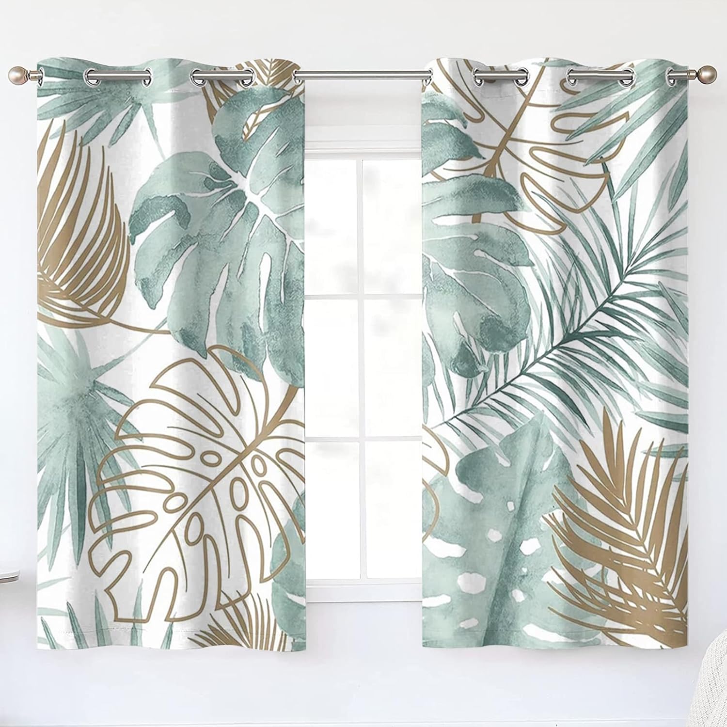 Renaiss Cortinas opacas de hojas tropicales, hojas de Monstera de palmera verde, con aislamiento térmico, para dormitorio, plantas botánicas,