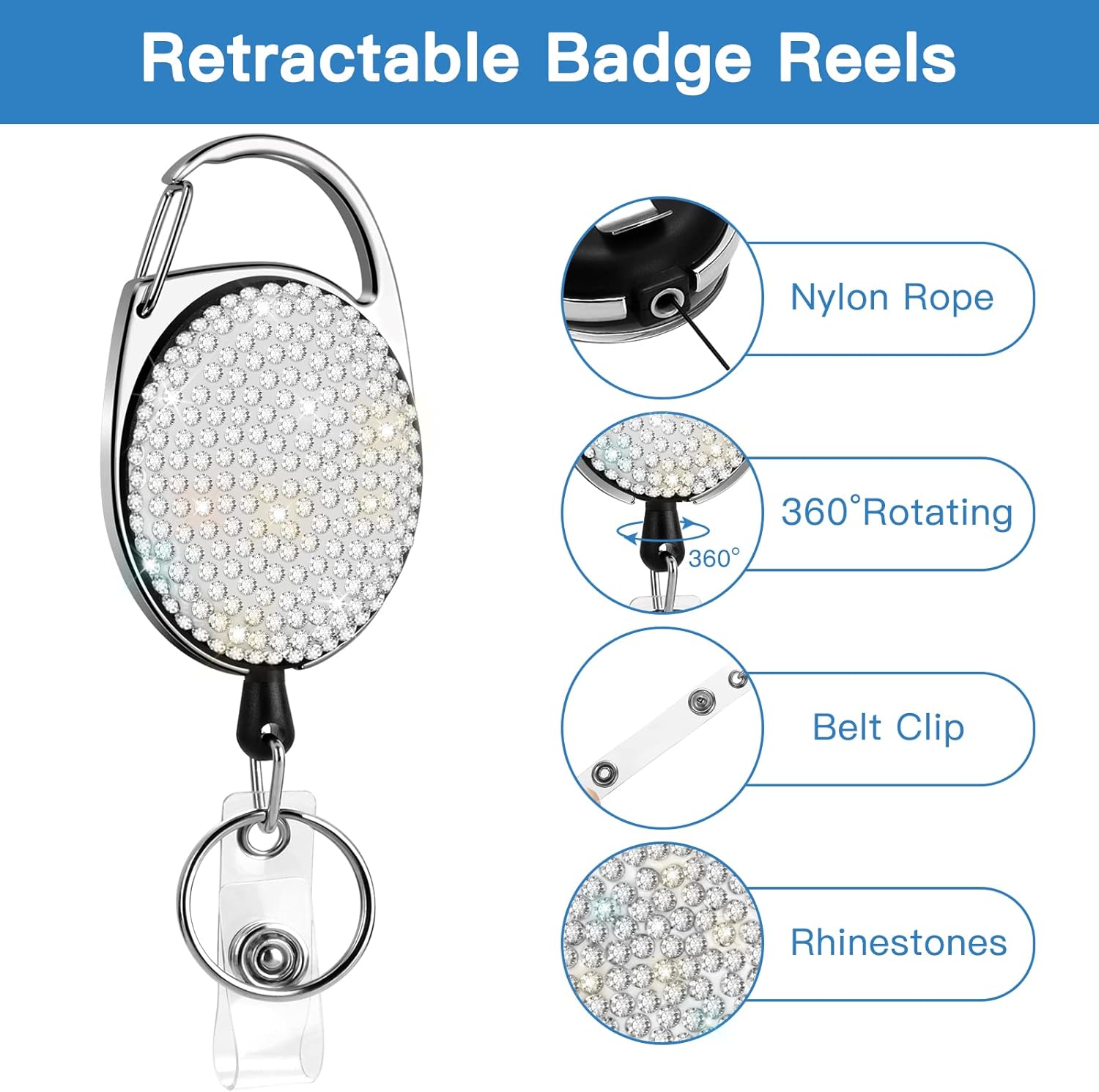 SAVORI Paquete de 2 soportes retráctiles con clip para cinturón, soporte para tarjetas de identificación, llavero con diamantes de imitación,
