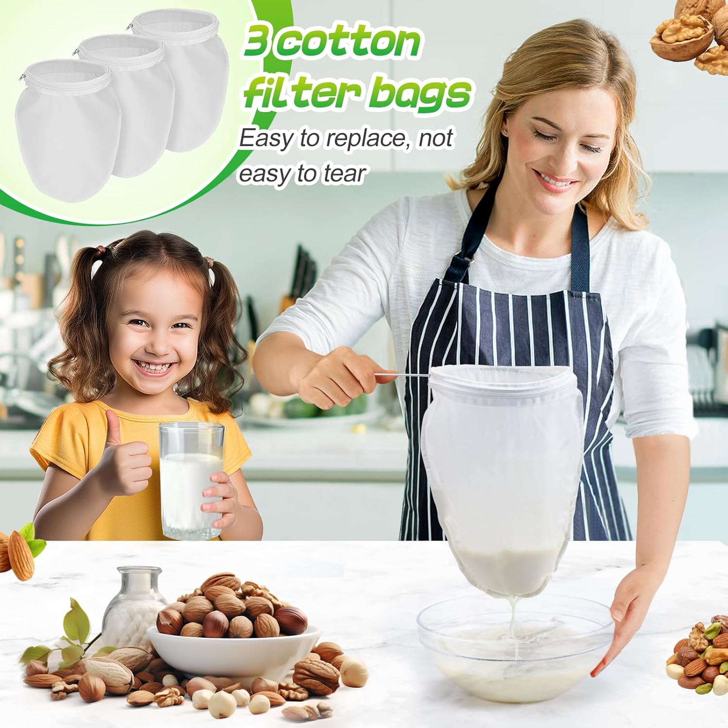 Bolsas coladoras de malla ultrafina, 3 piezas de colador de leche de nuez reutilizable con marco de mango de acero inoxidable, bolsas de filtro de