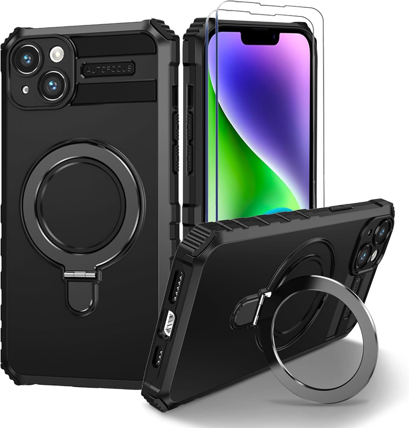 Fudley Funda magnética para iPhone 14 compatible con MagSafe con 2 protectores de pantalla de vidrio templado con soporte de anillo, grado militar