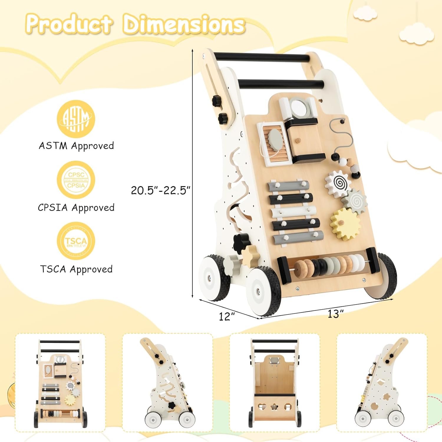 BABY JOY Andador de madera para bebés, centro de actividades de aprendizaje de pie para empujar y tirar, juguete educativo Montessori para niños
