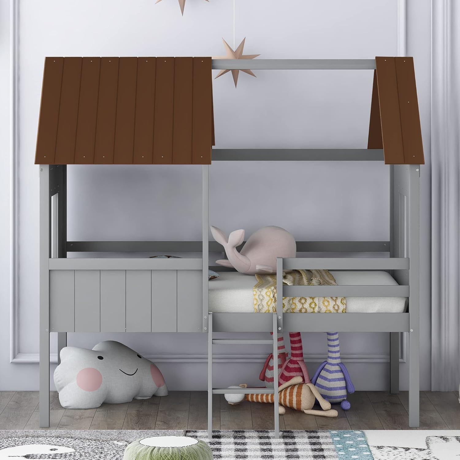 Cama individual para niños, marco de cama baja de madera con ventanas y techo, fácil montaje, para niñas y niños (gris + marrón)