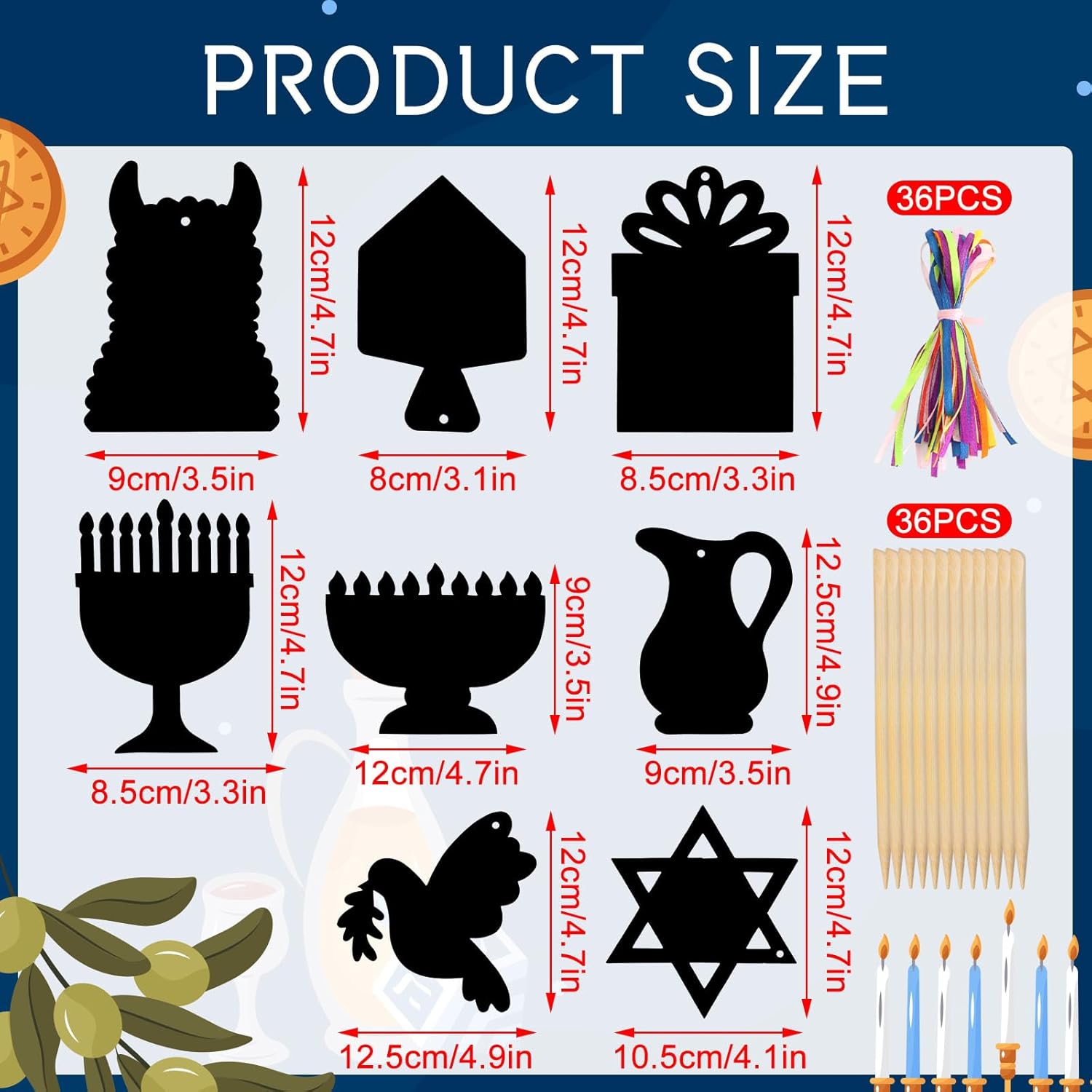 JULMELON Hanukkah Scratch Art, 36 piezas de kits de manualidades de Hanukkah para niños, arte mágico de rayar, adornos colgantes de Janucá, papel