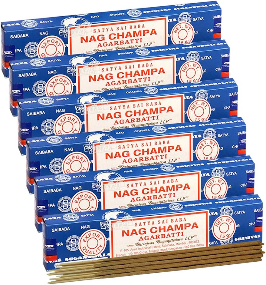 TRUMIRI Paquete de soportes para incienso con varillas de incienso Satya Sai Baba Nagchampa de 0.53 oz  Paquete de 6 (aproximadamente 90 varillas)