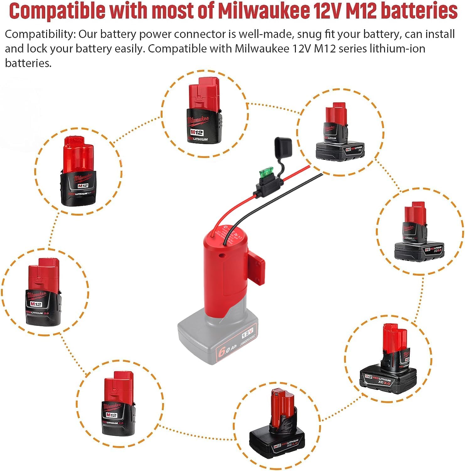 Adaptador de batería M12 con fusible, adaptador de ruedas eléctricas para Milwaukee 12V, convertidor de potencia de cable de calibre 14 para