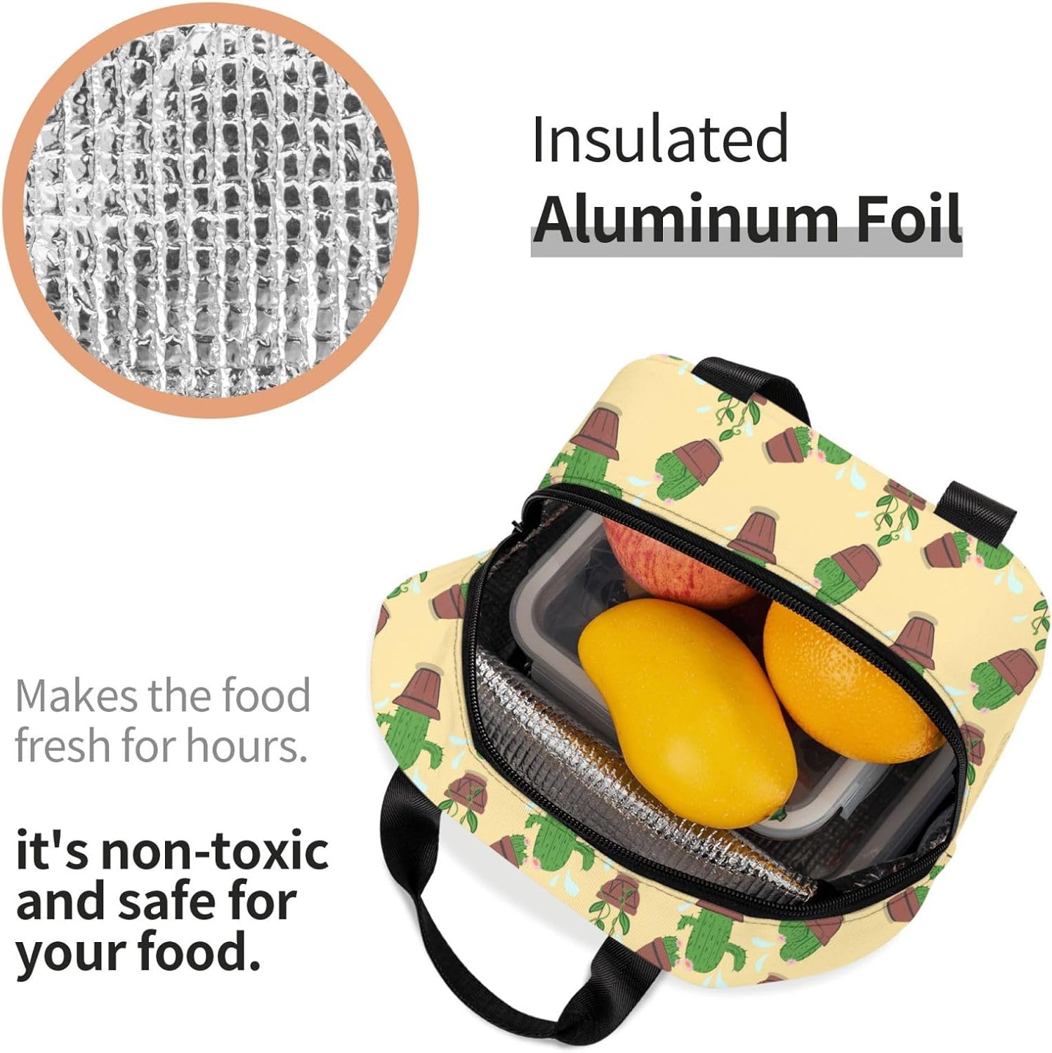 Lonchera con diseño de cactus para mujeres y hombres, con aislamiento, reutilizable, organizador de almuerzo, impermeable, bolsa de mano refrigerante