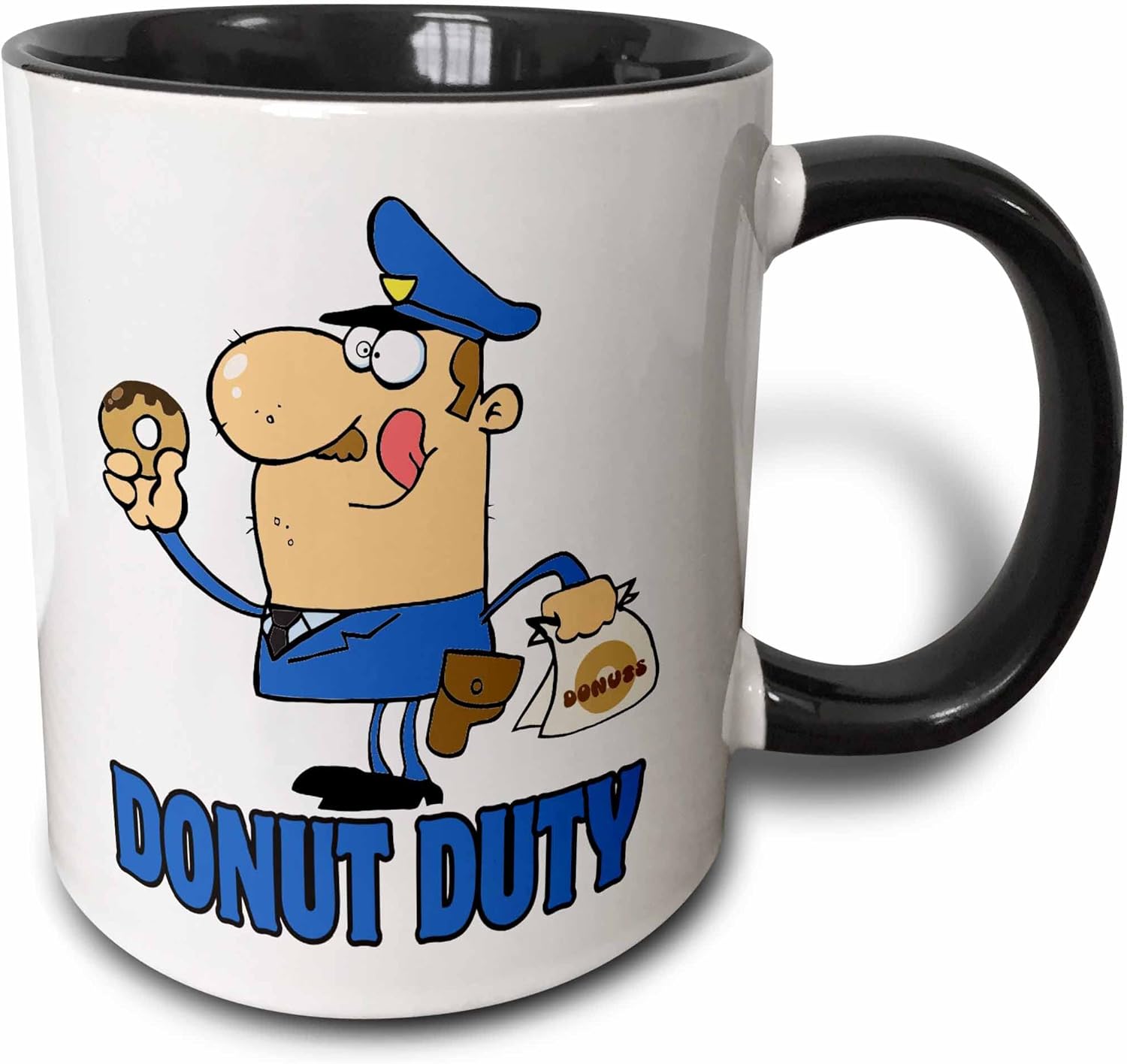 3dRose Divertida taza de dos tonos con diseño de caricaturas oficiales de policía On Donut Duty, 11 onzas, negroblanco