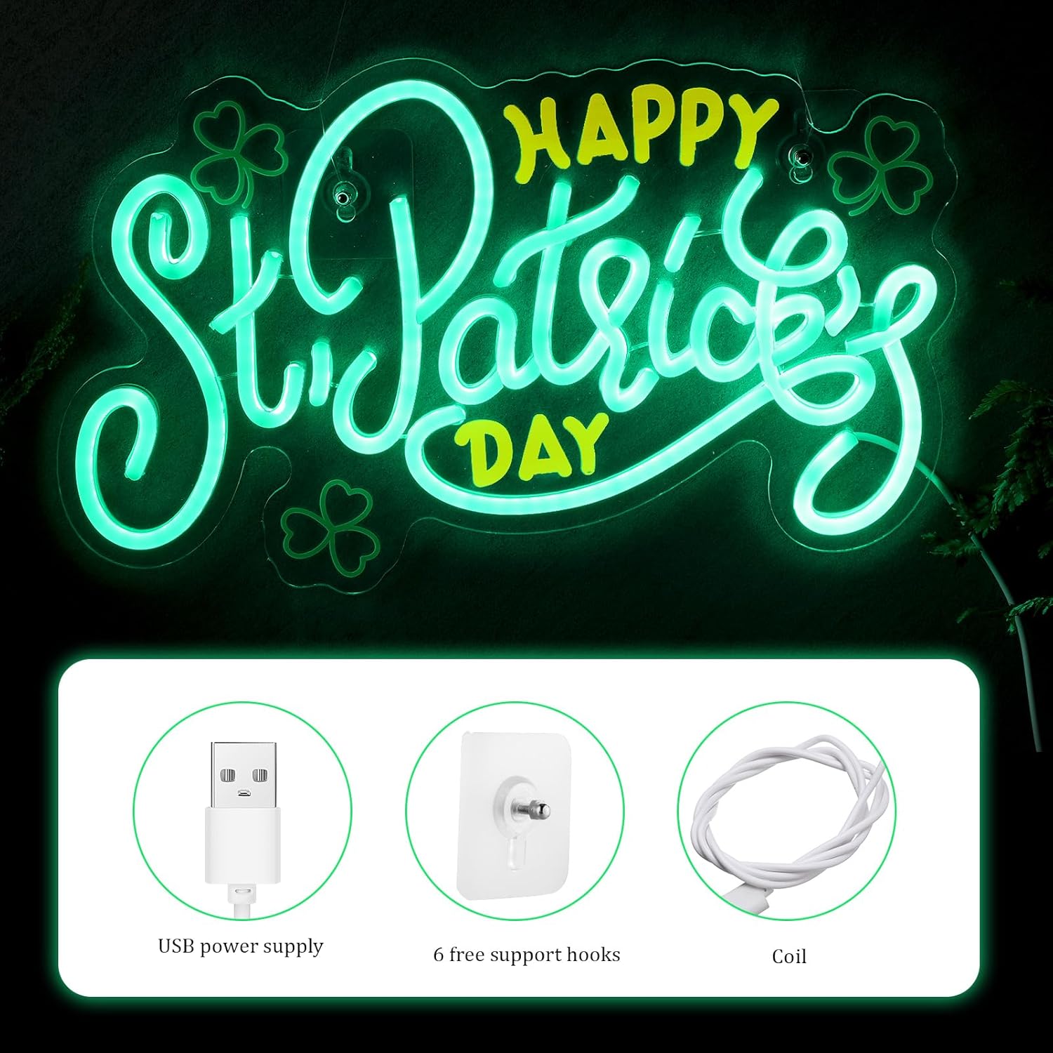 Letrero de neón del Día de San Patricio iluminado para decoración de pared, letrero LED de luz de neón alimentado por USB para el día de San