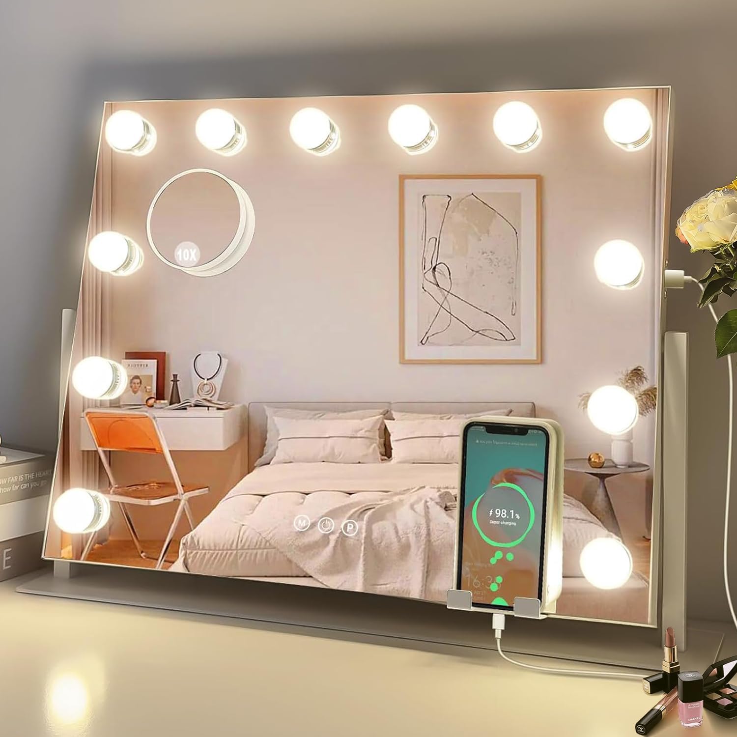 LuxeVue Espejo de tocador con luces, 19.6 x 15.7 pulgadas, 12 bombillas LED, espejo de maquillaje con luces, 3 modos de color desmontable, espejo de