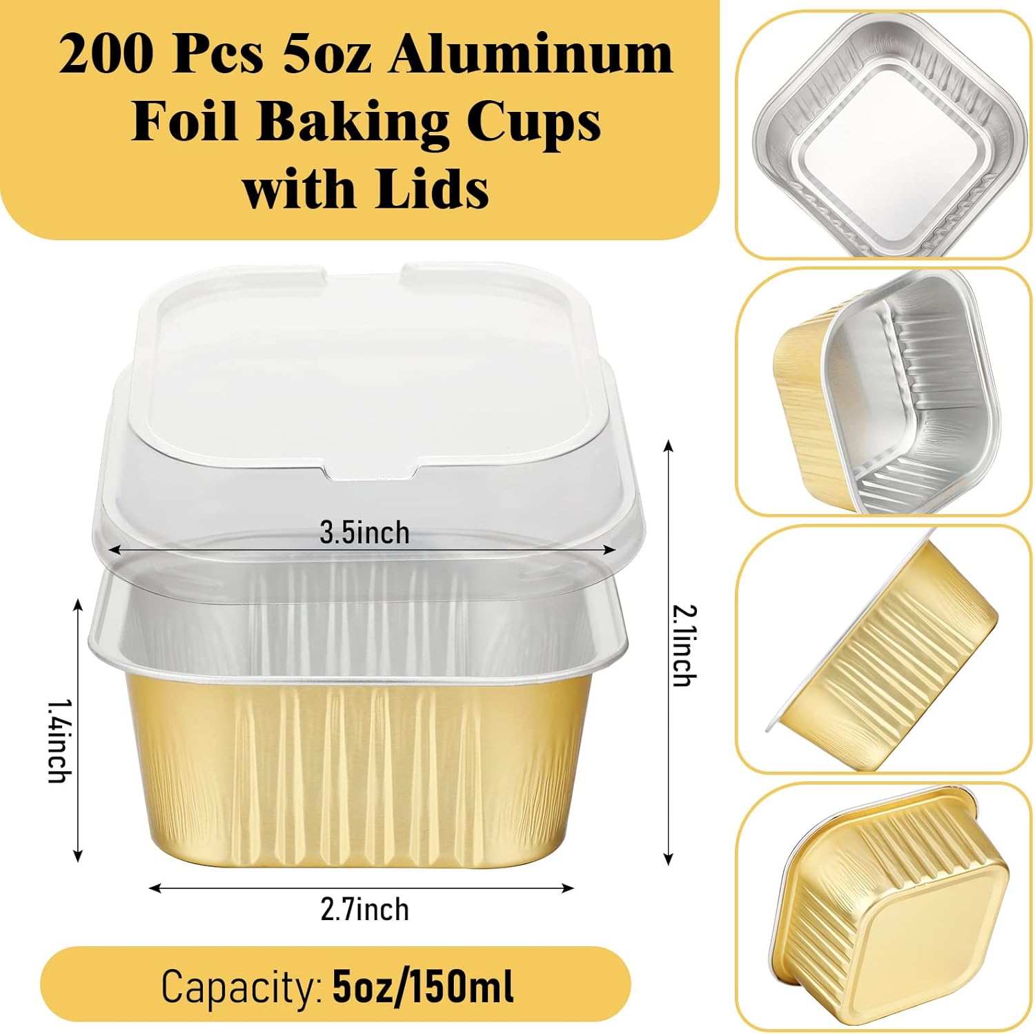 200 tazas de papel de aluminio para hornear de 5 onzas con tapas, recipientes de papel de aluminio de 5.1 fl oz para cupcakes, moldes desechables,