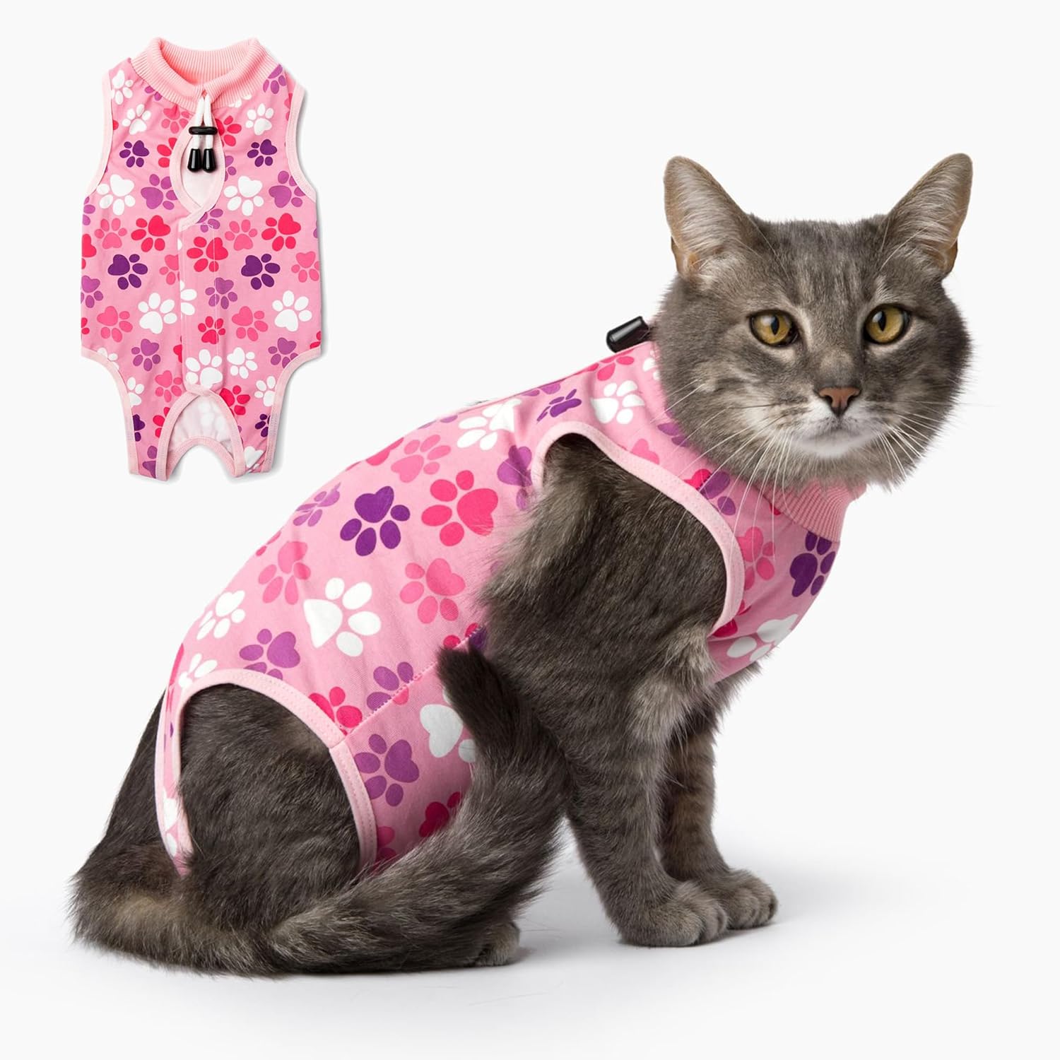 Traje de recuperación para gatos traje de recuperación de cirugía de gato rosa para mujer con diseño de huellas – Traje de recuperación de gato