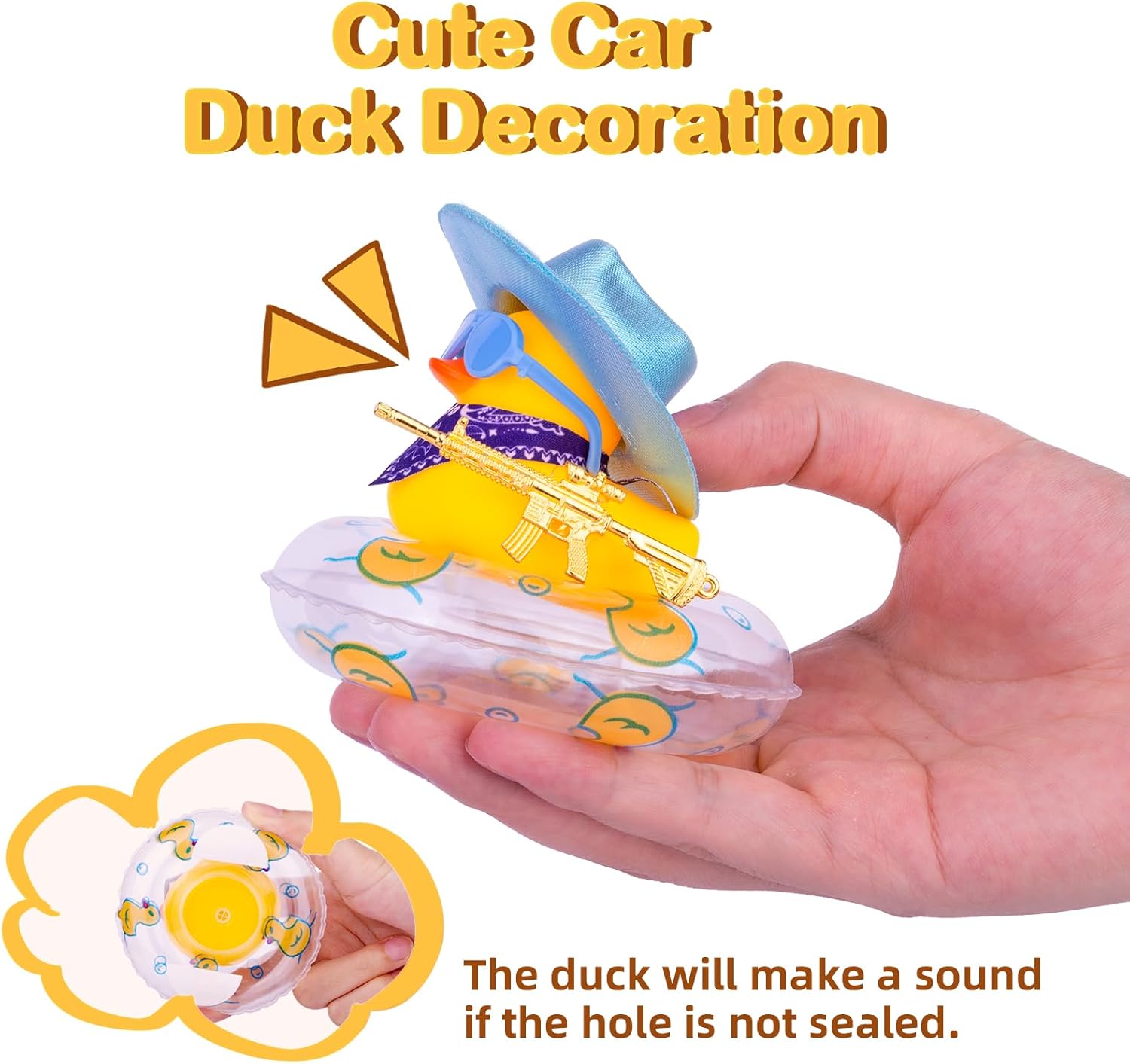 Patos de goma para tablero de instrumentos de automóvil, pato vaquero, accesorios de decoración con mini sombrero de vaquero holográfico, anillo de