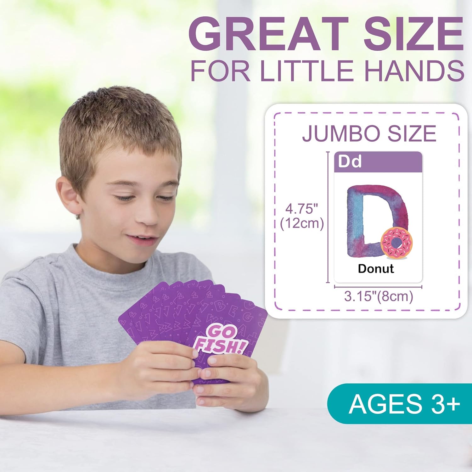 BenBen Juego de cartas Alphabet Go Fish para niños, 104 cartas, cartas de aprendizaje ABC de gran tamaño, juegos de memoria a juego, 2 a 8