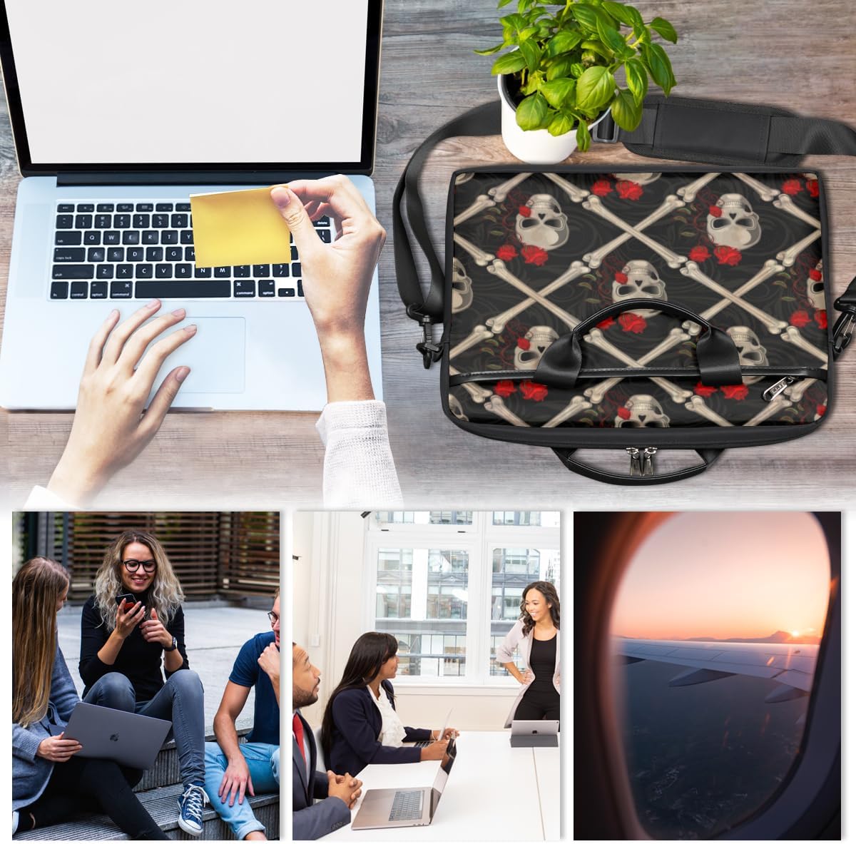 Bolsa para laptop con diseño de calavera y rosa negra para mujeres y hombres, funda impermeable para laptop con correa para el hombro, maletín de