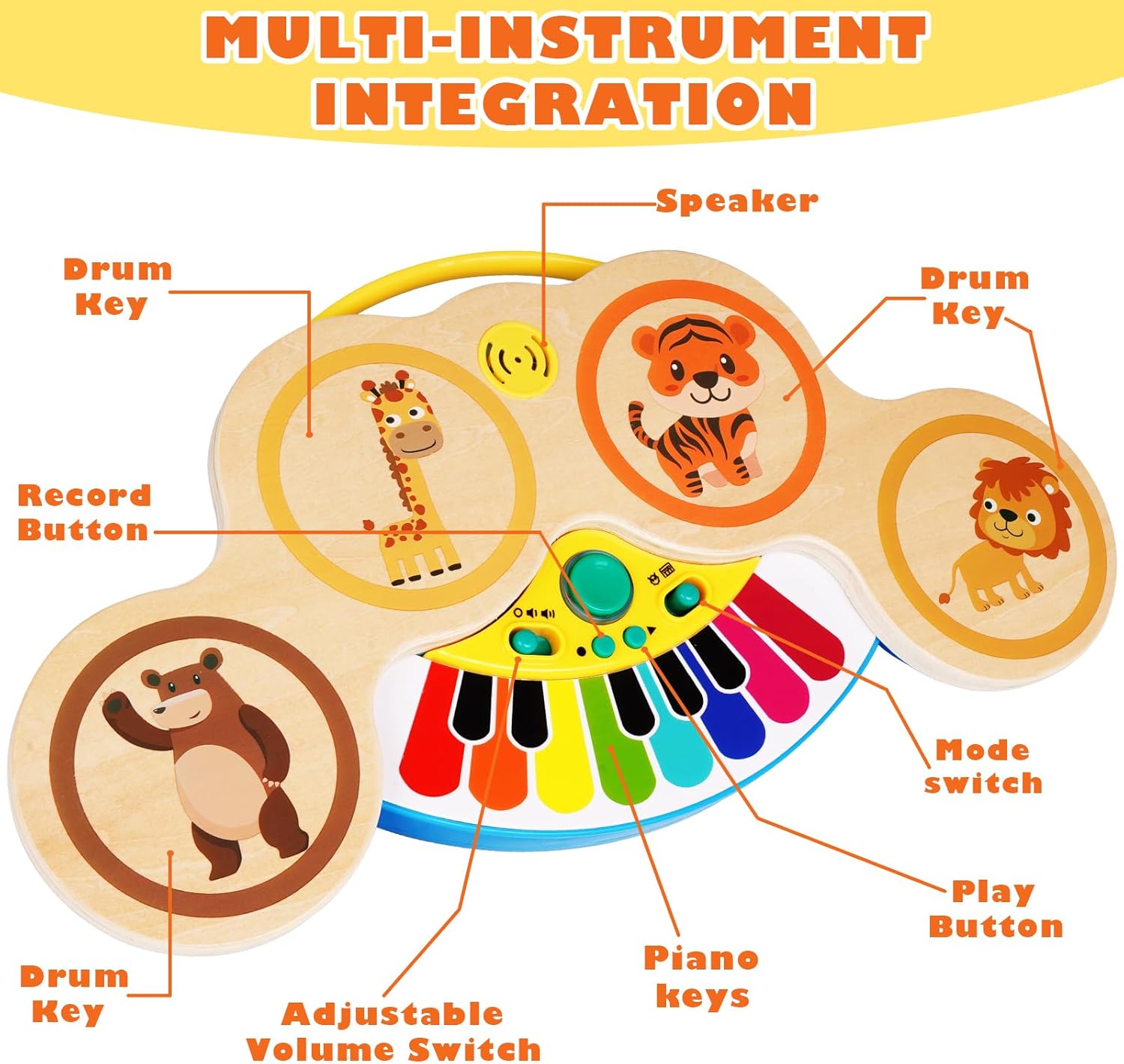 Juego de piano de tambor para bebés y niños, 2 en 1, instrumentos musicales Montessori, juguetes para niños pequeños con canciones y luces,