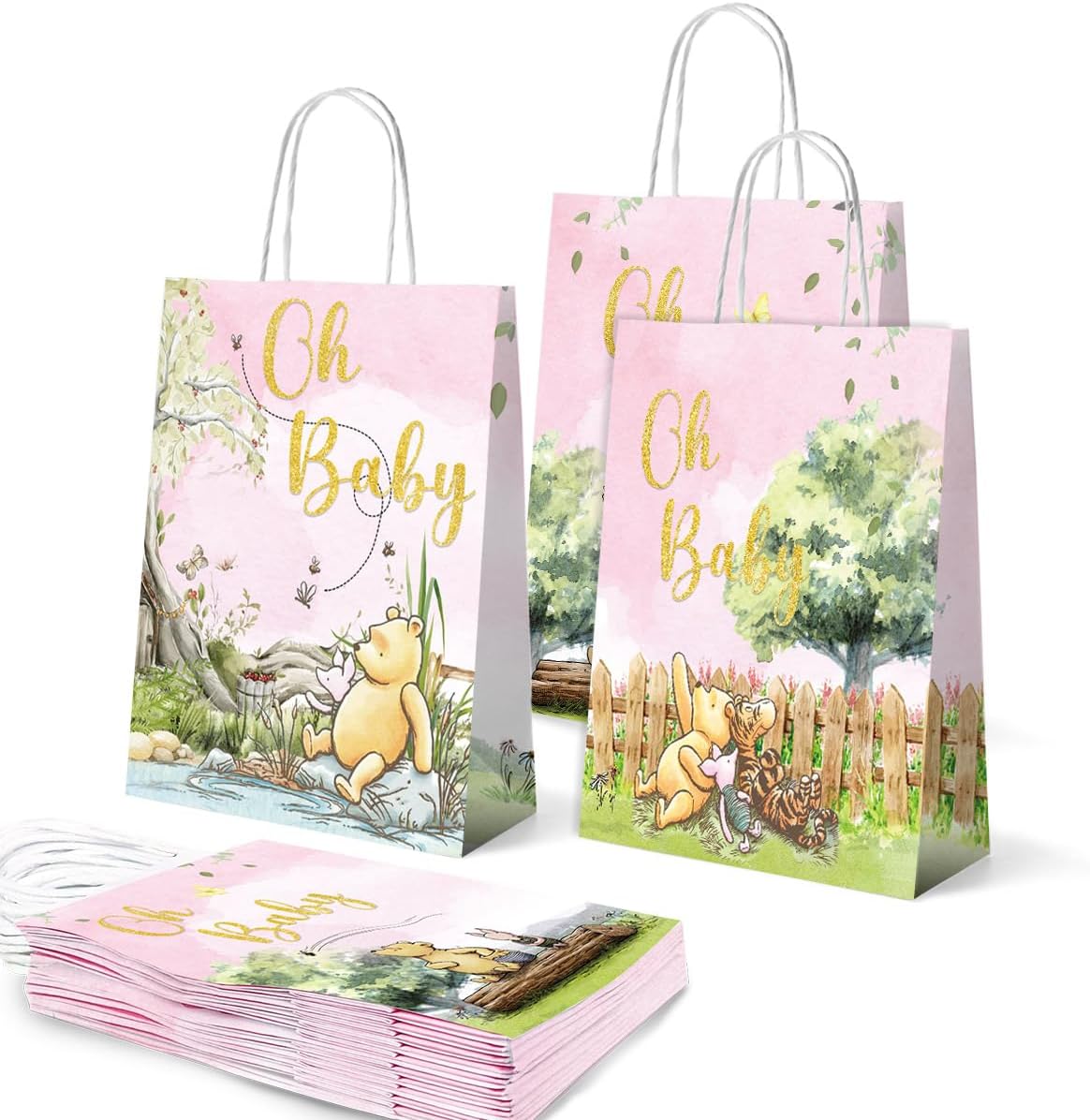 Alohafall Juego de bolsas de regalo clásicas de Winnie para niña, baby shower, recién nacidos, niños, primera fiesta, 12 bolsas de papel con asa