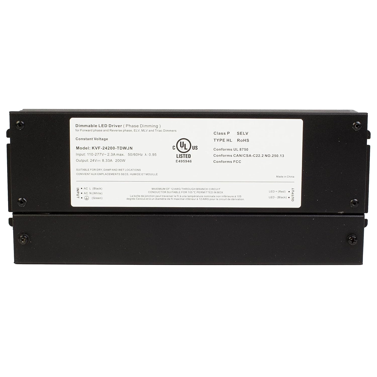Controlador regulable Triac de 24 V con certificación UL de 200 W, 110 V – 277 V, transformador de CA, fuente de alimentación de voltaje constante