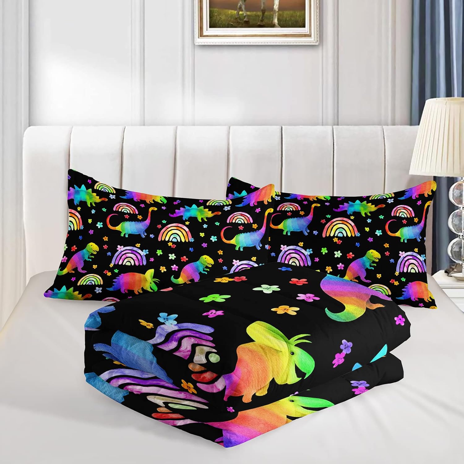 BSNTHO Juego de edredón de dinosaurio arcoíris, juego de ropa de cama de dinosaurio colorido para niños y niñas, edredón de dinosaurio de dibujos