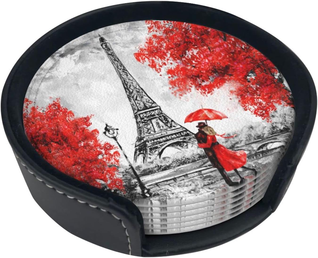 6 posavasos de cuero para bebidas con soporte rojo Eiffel Lovers París, juegos de posavasos para mesa de bebidas, posavasos para cocina, decoración