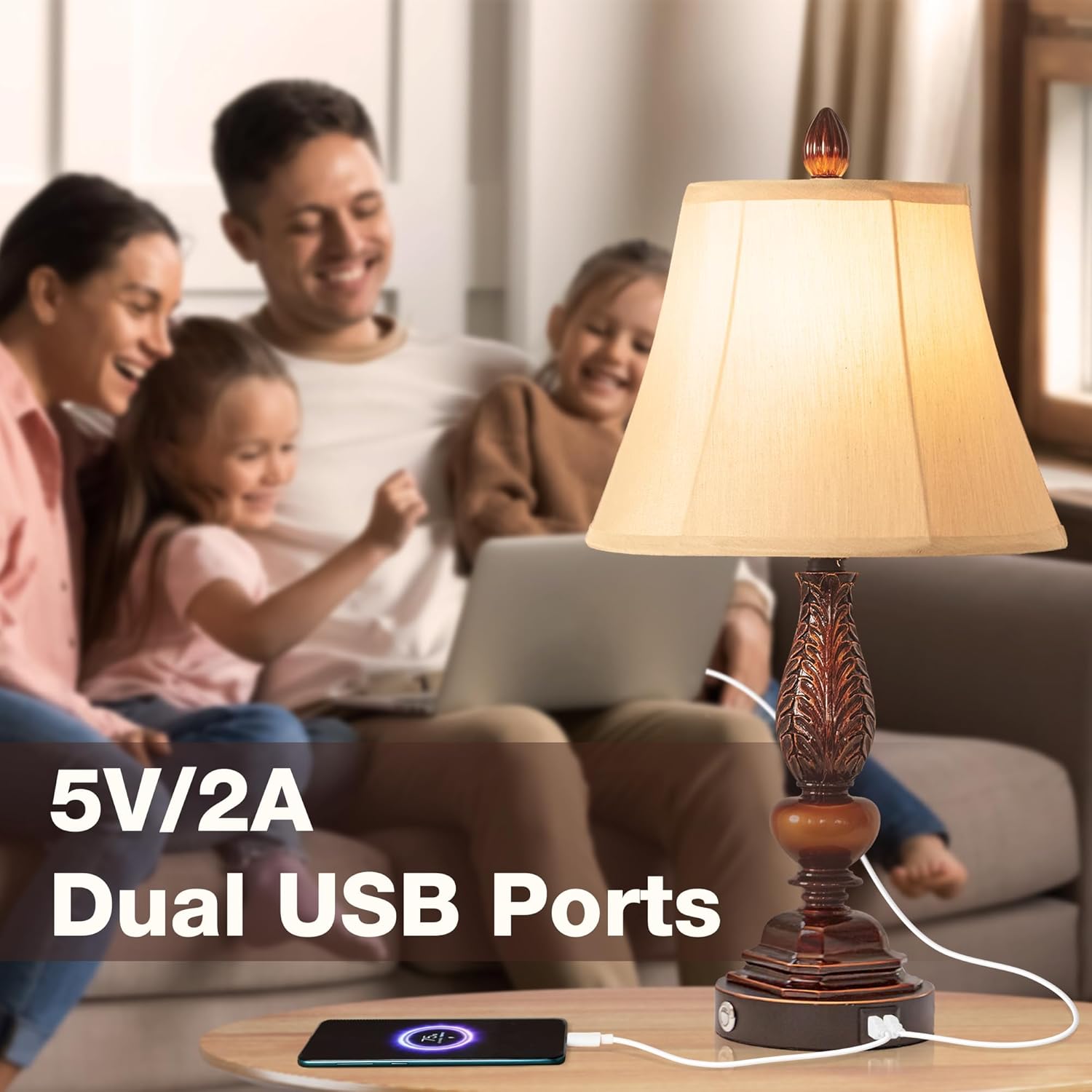 Juego de 2 lámparas de dormitorio, lámparas táctiles rústicas regulables de 3 vías para mesita de noche, lámparas vintage con puertos de carga USB