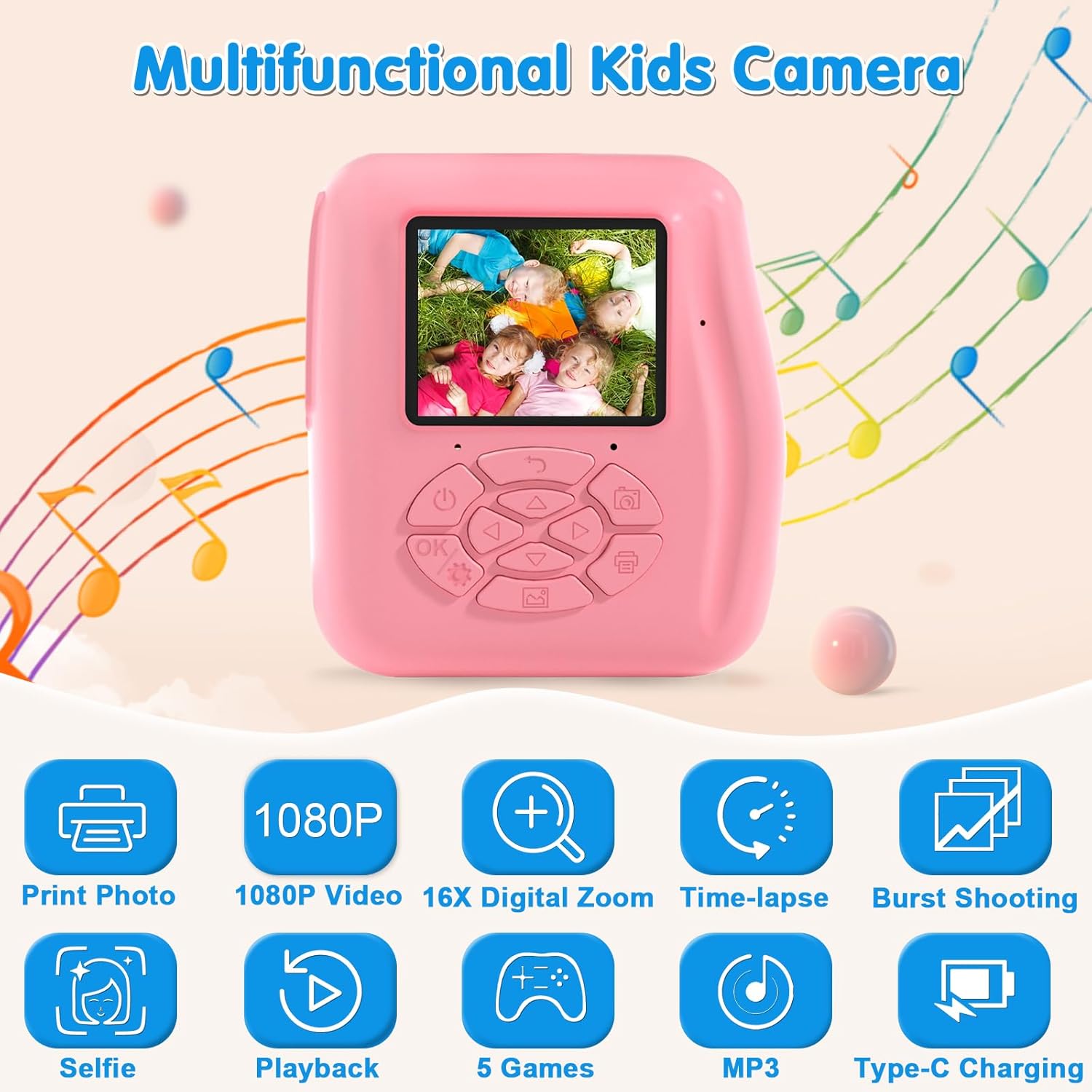 Cámara para niños con impresión instantánea cámaras instantáneas para niños que imprimen fotos, cámara digital para niños, cámara de juguetes 1080P