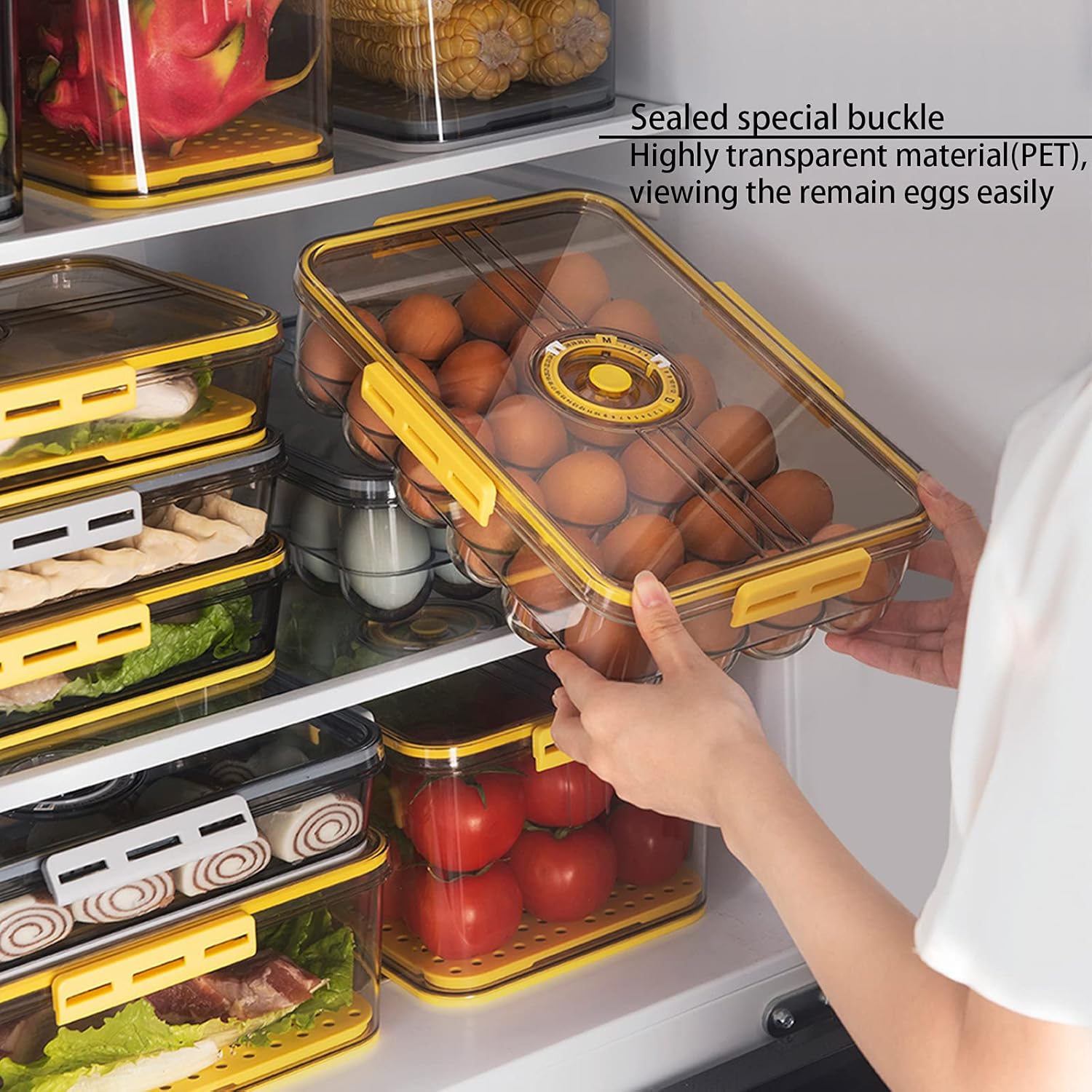 Recipiente para huevos, huevera con tapa y hebilla especial, apilables, caja organizadora para el refrigerador de plástico PET, bandeja para 18