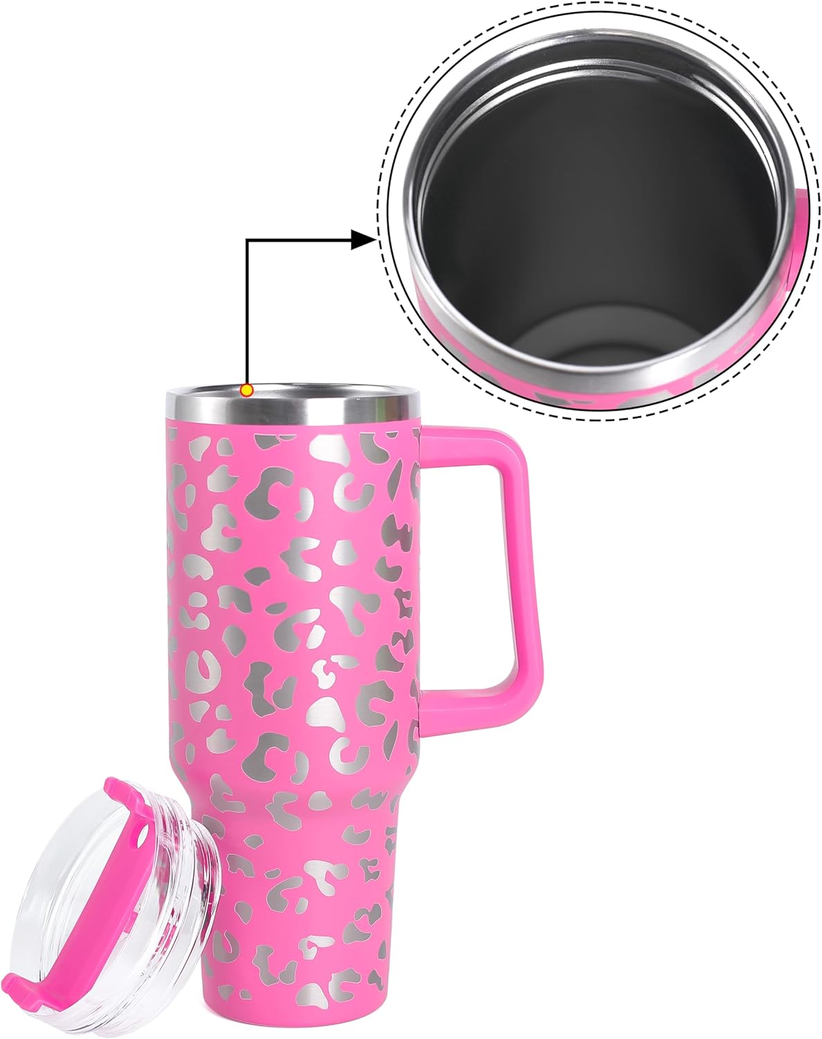 Vaso de 40 onzas con asa, termo de acero inoxidable con diseño de leopardo, taza de café, taza de café para exteriores, para automóvil, deportes,
