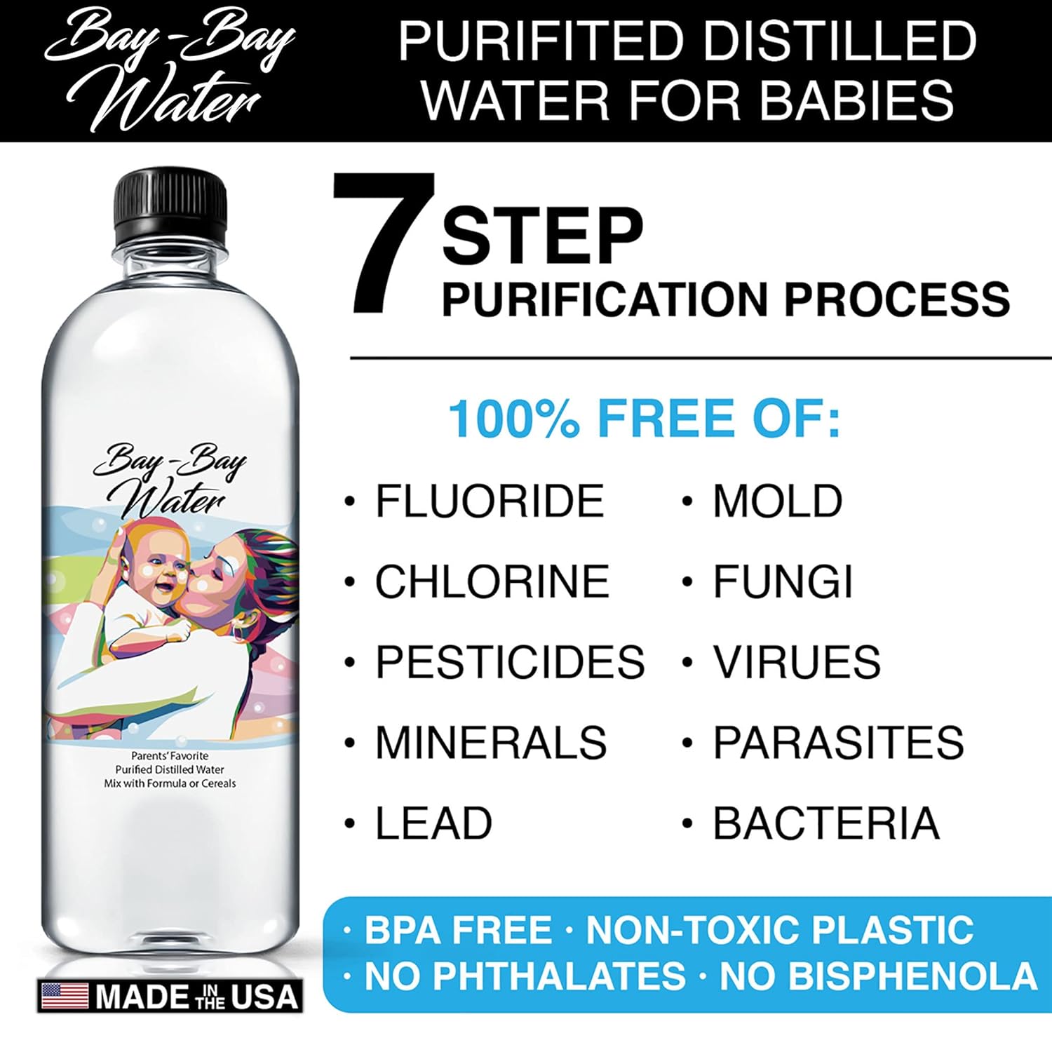 Bay Bay Water – Agua destilada purificada para bebés – 16.9 onzas – Uso para beber diariamente, fórmula infantil, leche y cereales para bebés – Sin