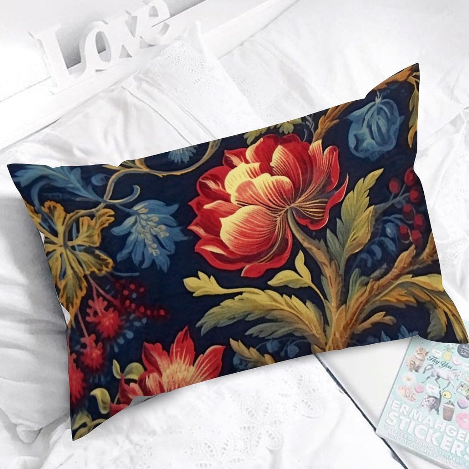 ArogGeld Fundas de cojín lumbares estilo chinoiserie, almohadas florales azul marino y rojo, botánico, borgoña, dorado, verde oliva, para