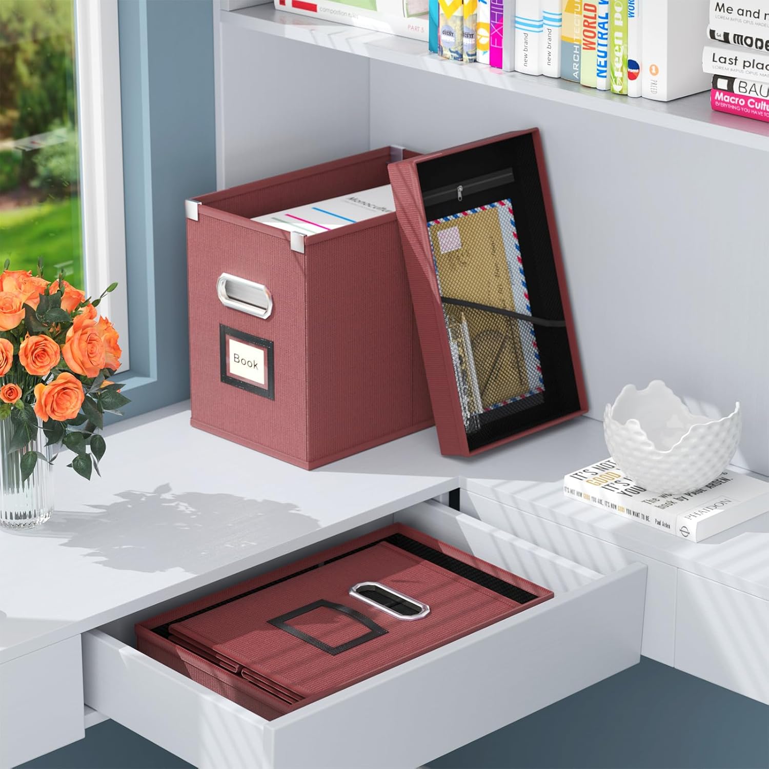 Huolewa Cajas organizadoras de archivos con bolsillo de malla, juego de 2, cajas organizadoras de archivos colgantes para archivos y carpetas de