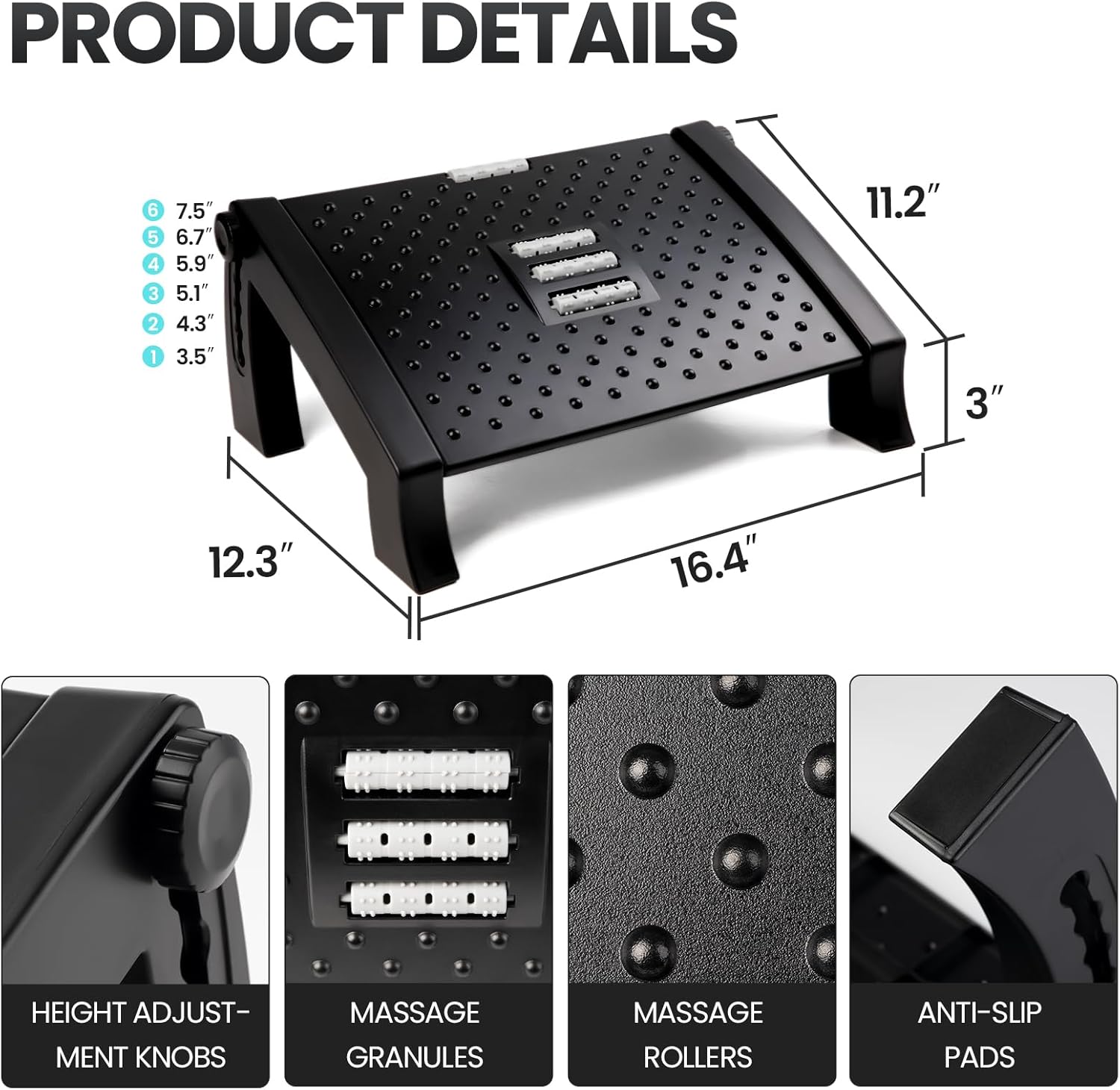Reposapiés para debajo del escritorio en el trabajo, reposapiés de altura ajustable, taburete ergonómico con rodillo de masaje para aliviar la